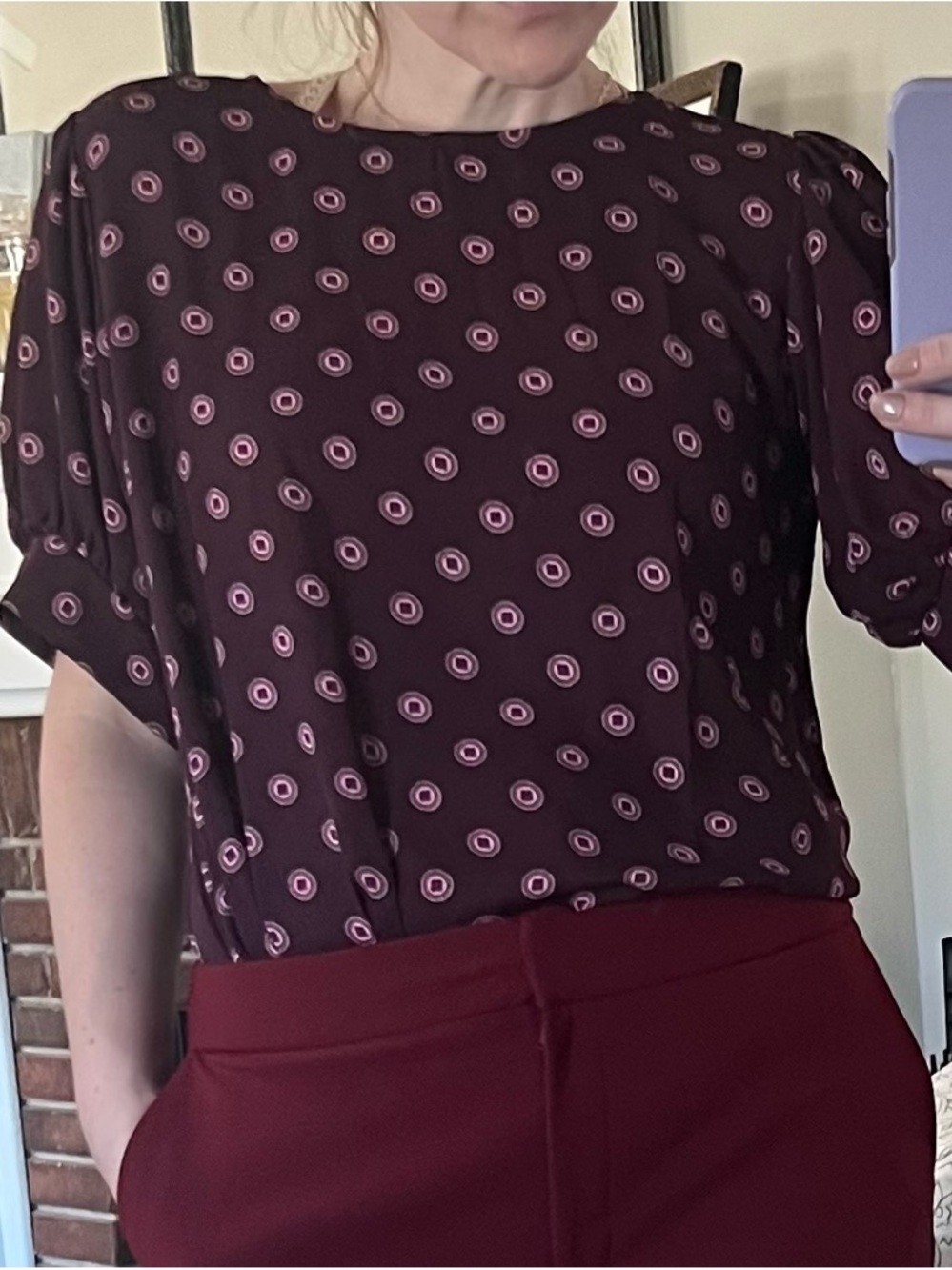 Ann Taylor Mixed Media Popover Plum Printed Short Sleeve Blouse - Picture 2 of 10